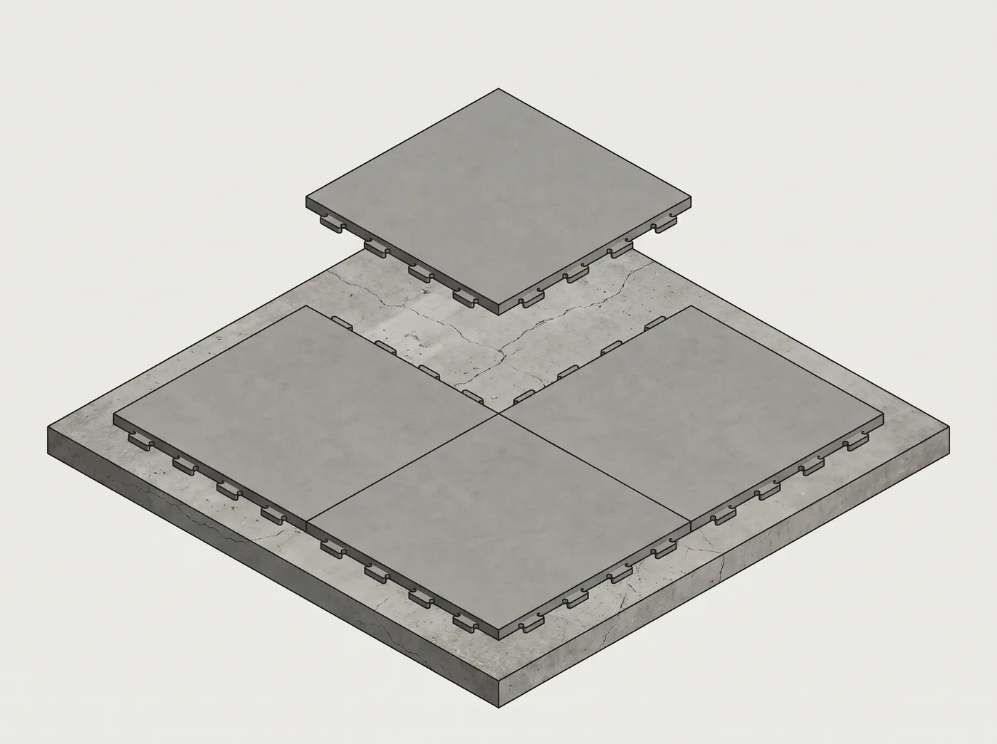 אריחי PVC מודולריים קשיחים עם לשוניות Interlocking, מונחים ללא דבק על רצפת בטון קיימת